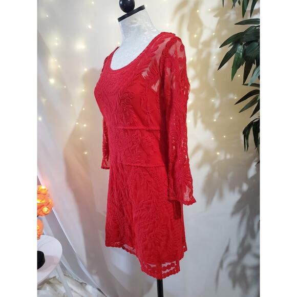 Express Baroque Red Lace 3/4 Sleeve Mini Cocktail Dress Womens Size S Scoop Neck - Picture 3 of 10